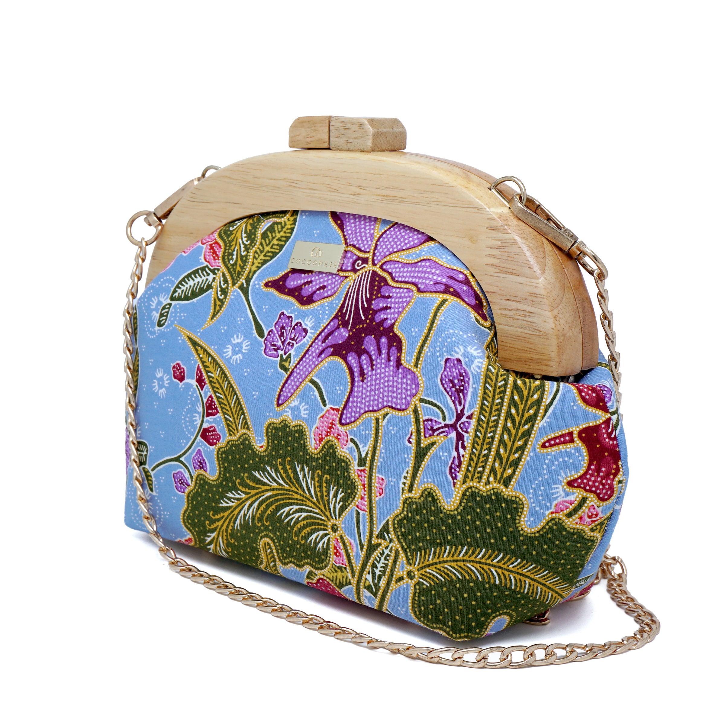 Round Crossbody Bag With Wooden Frame - Orchid Garden