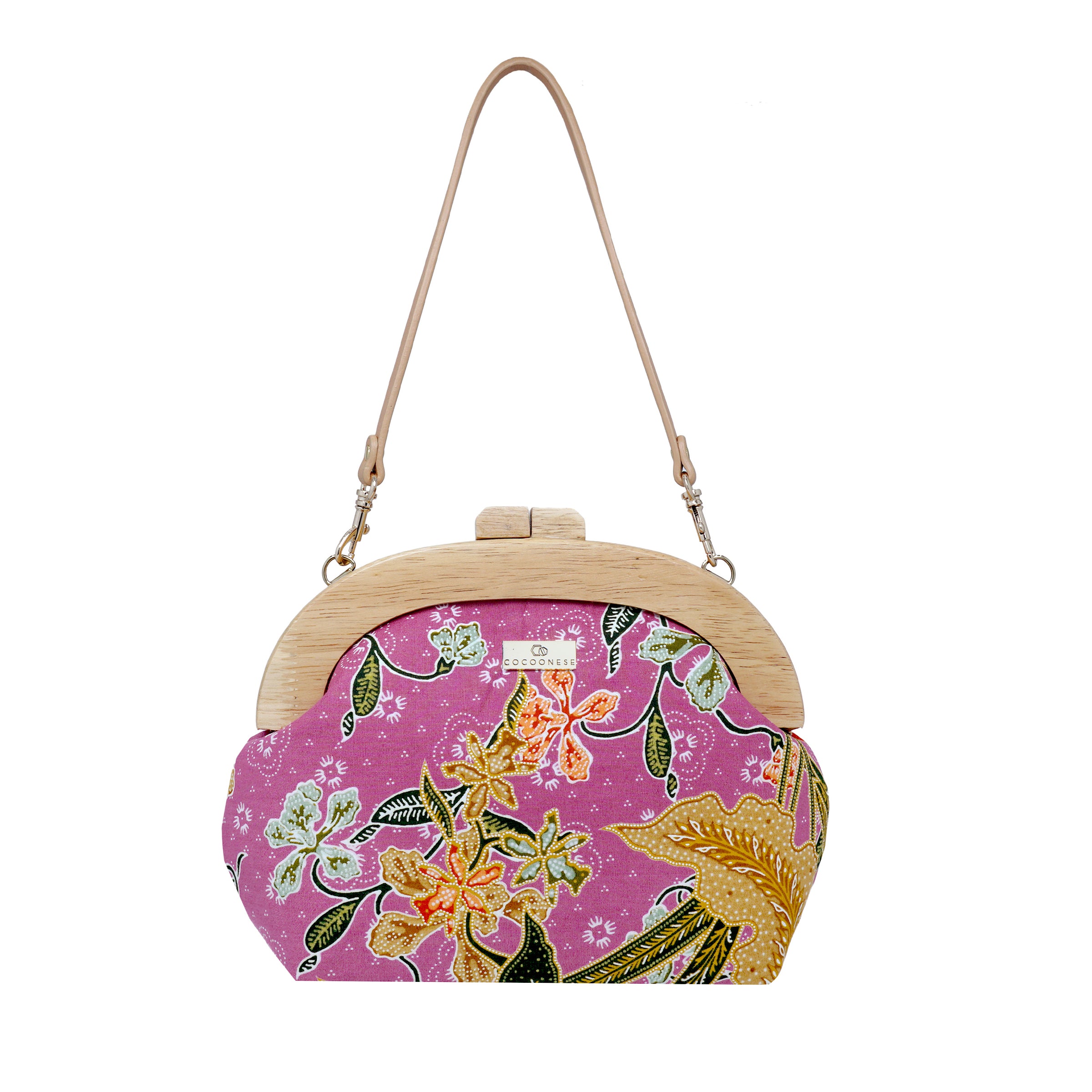 Round Crossbody Bag With Wooden Frame - Orchid Garden