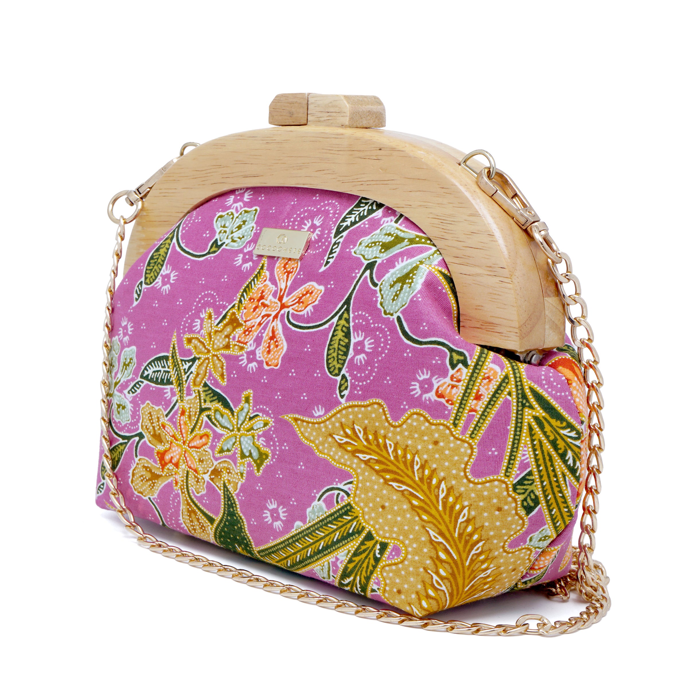 Round Crossbody Bag With Wooden Frame - Orchid Garden
