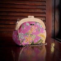 Round Crossbody Bag With Wooden Frame - Orchid Garden