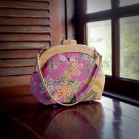 Round Crossbody Bag With Wooden Frame - Orchid Garden