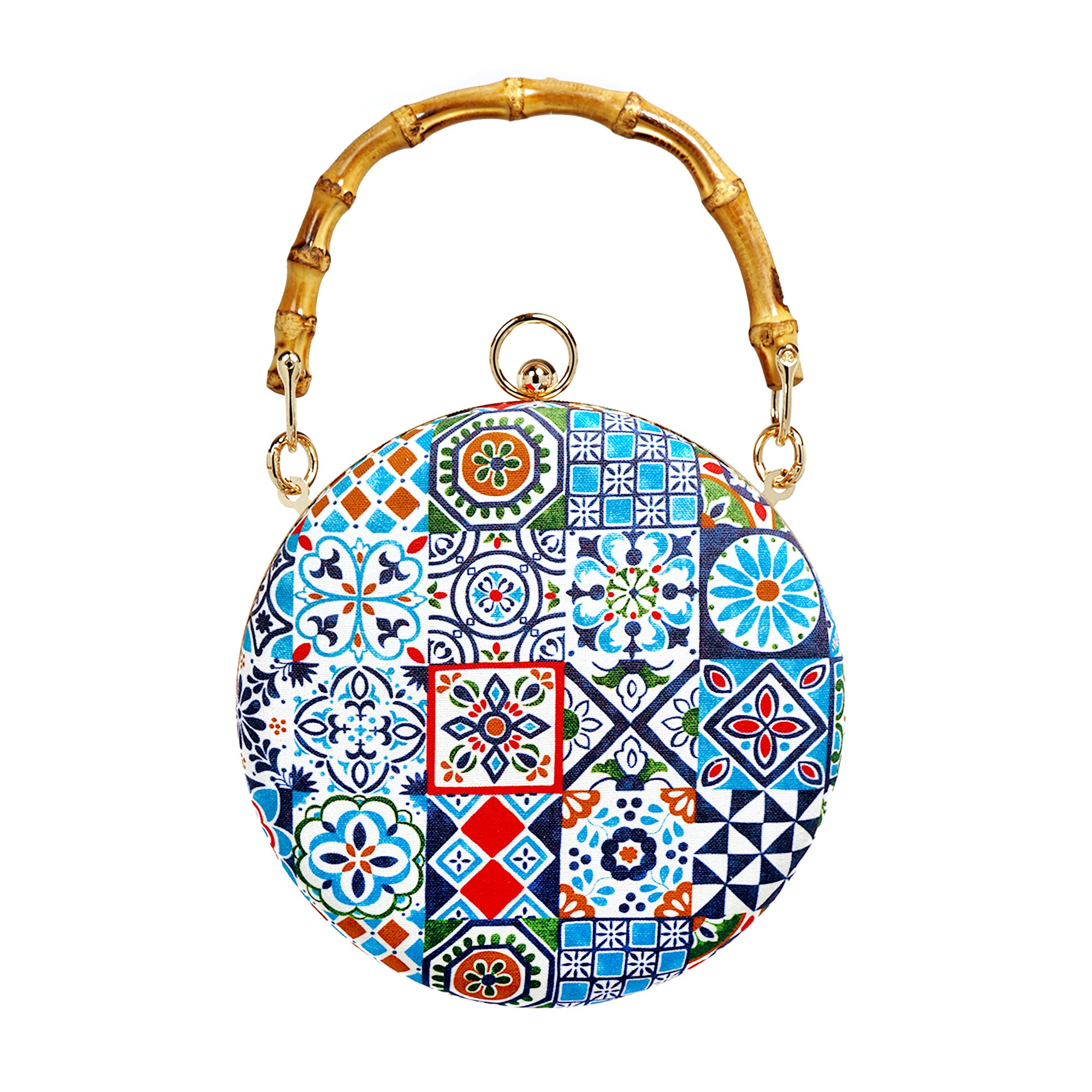 Round Hard Case Bamboo Handle Bag - Peranakan Tiles