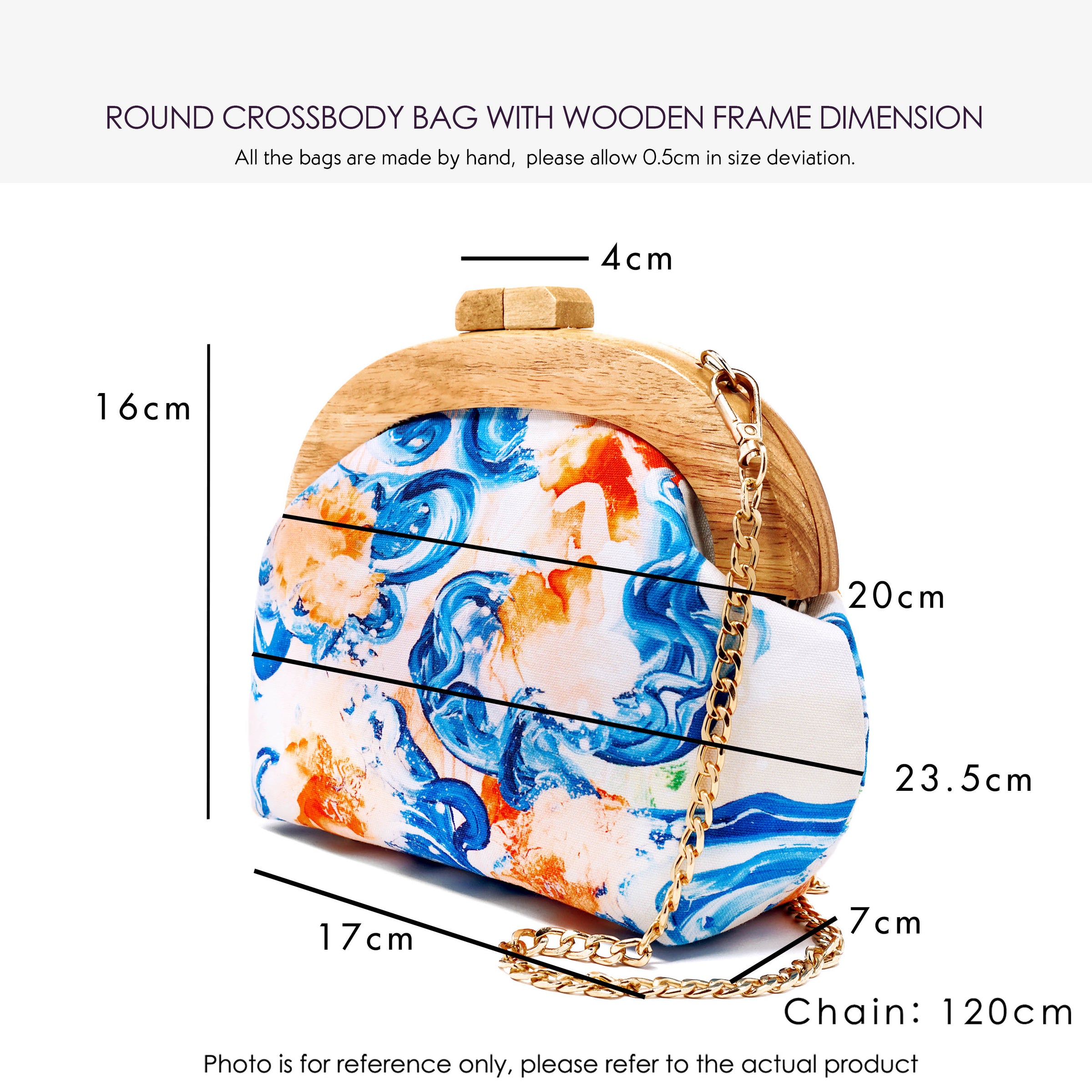 Round Crossbody Bag With Wooden Frame - Rain Tiles