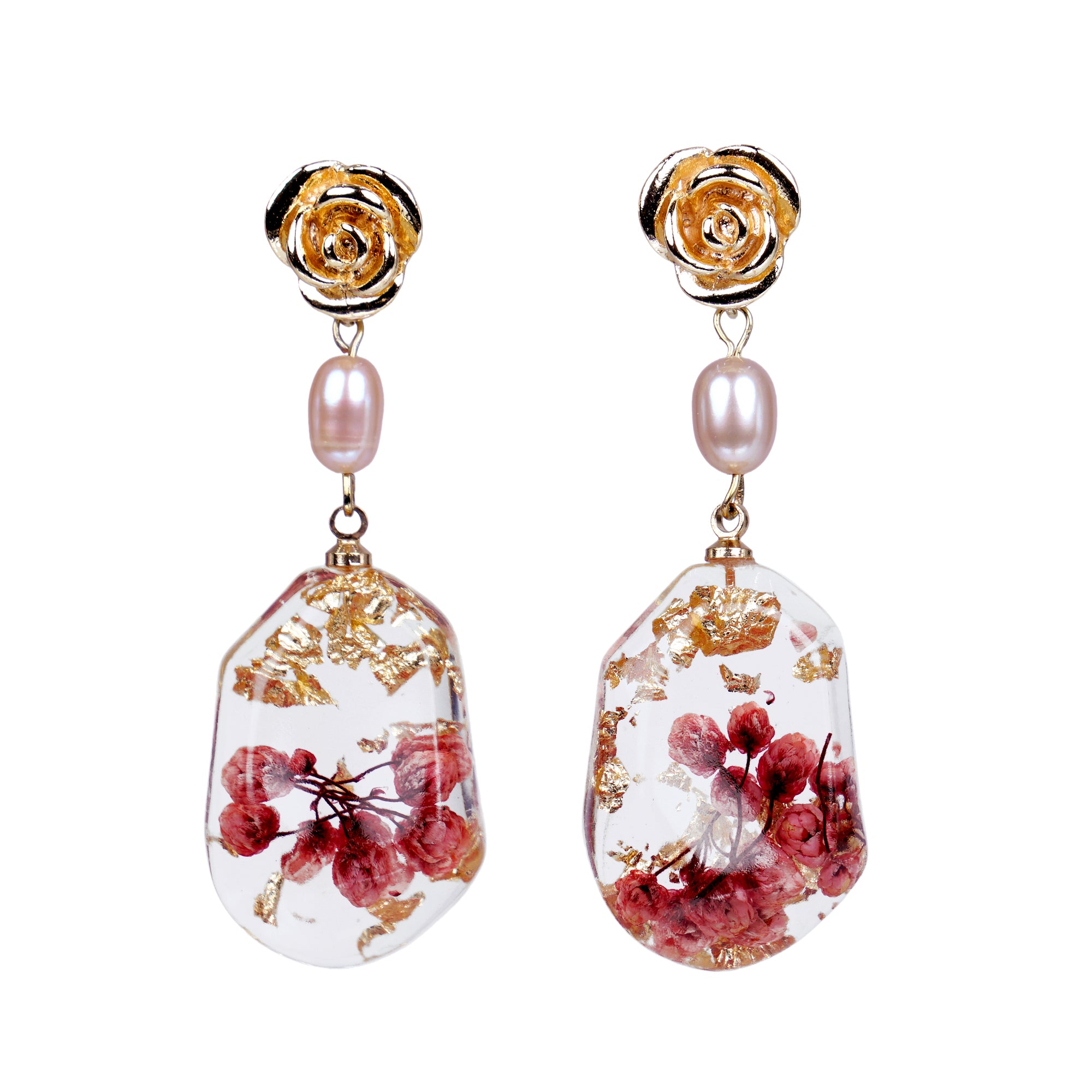 Rose Top With Dried Flower Resin Teardrop Earrings