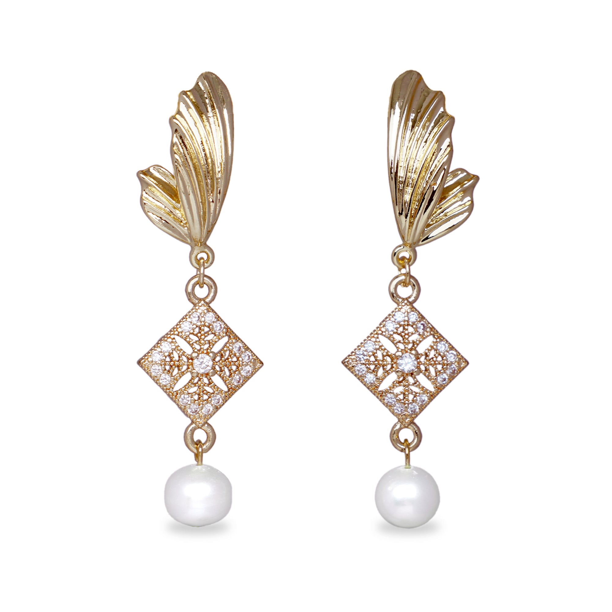 Gold Wing Rhombus Pearl Drop Earrings(WT)