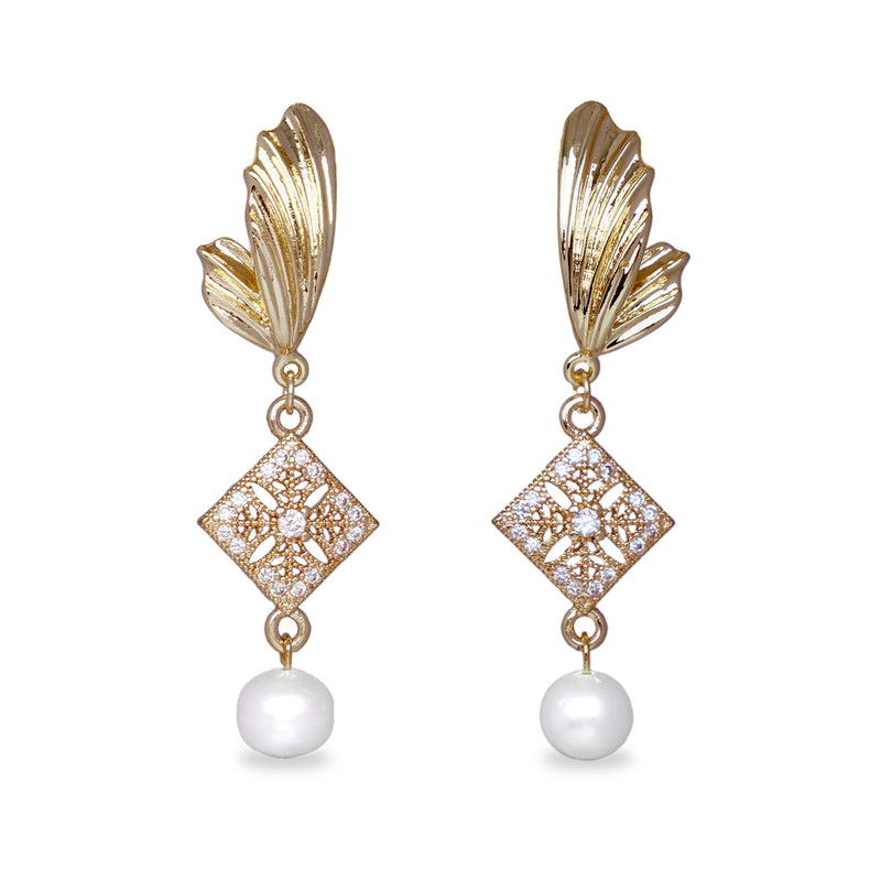 Gold Wing Rhombus Pearl Drop Earrings(WT)