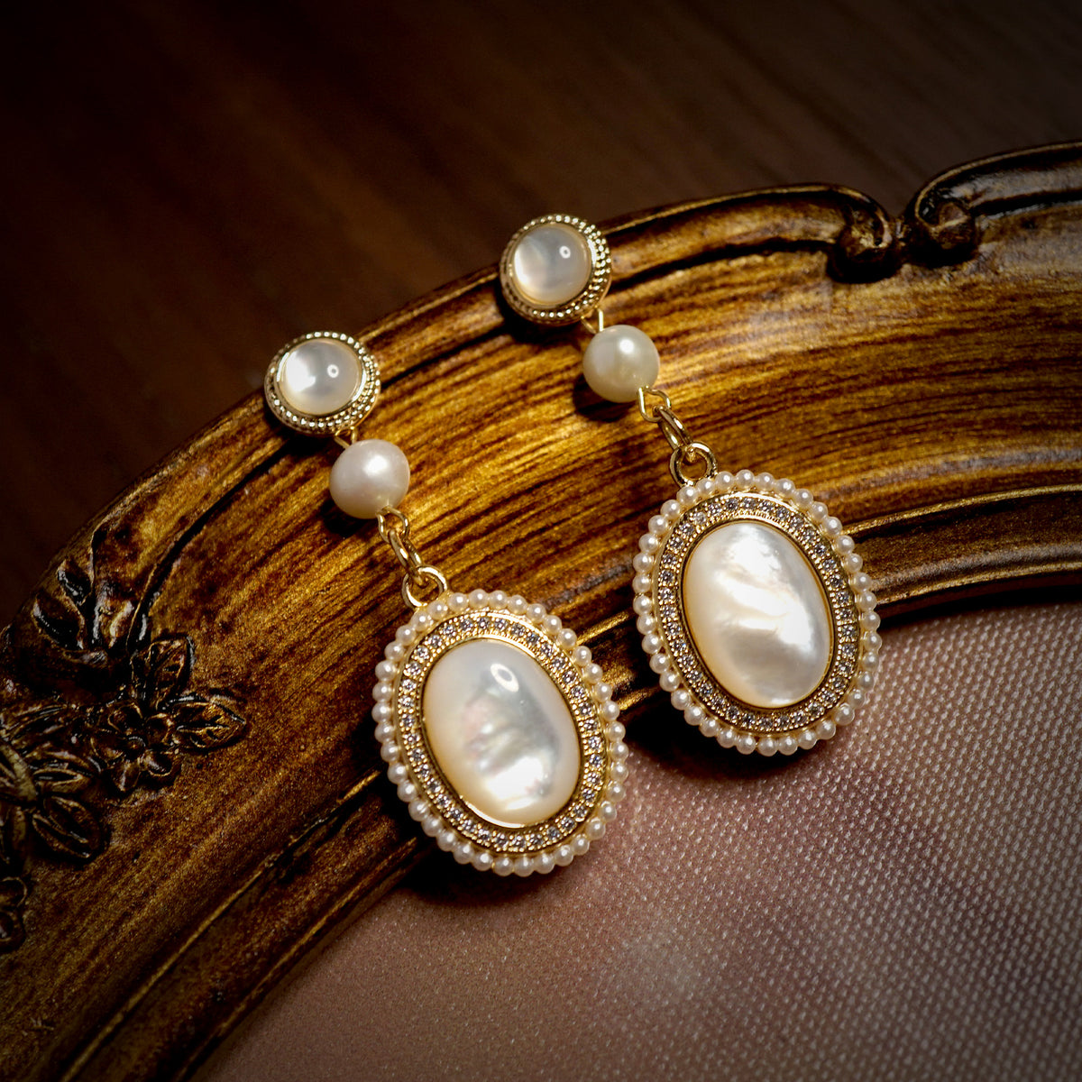 Oval Nacre Cabochon Dangle Earrings