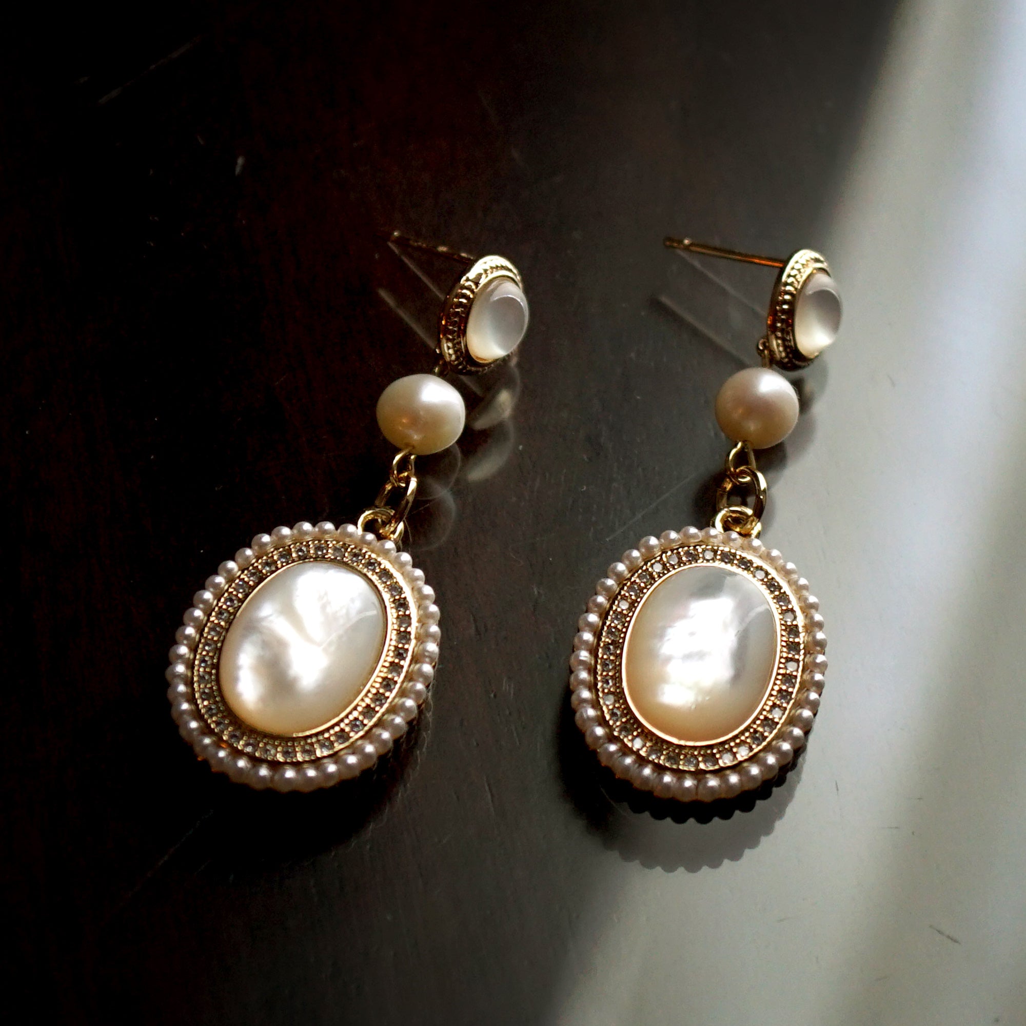 Oval Nacre Cabochon Dangle Earrings