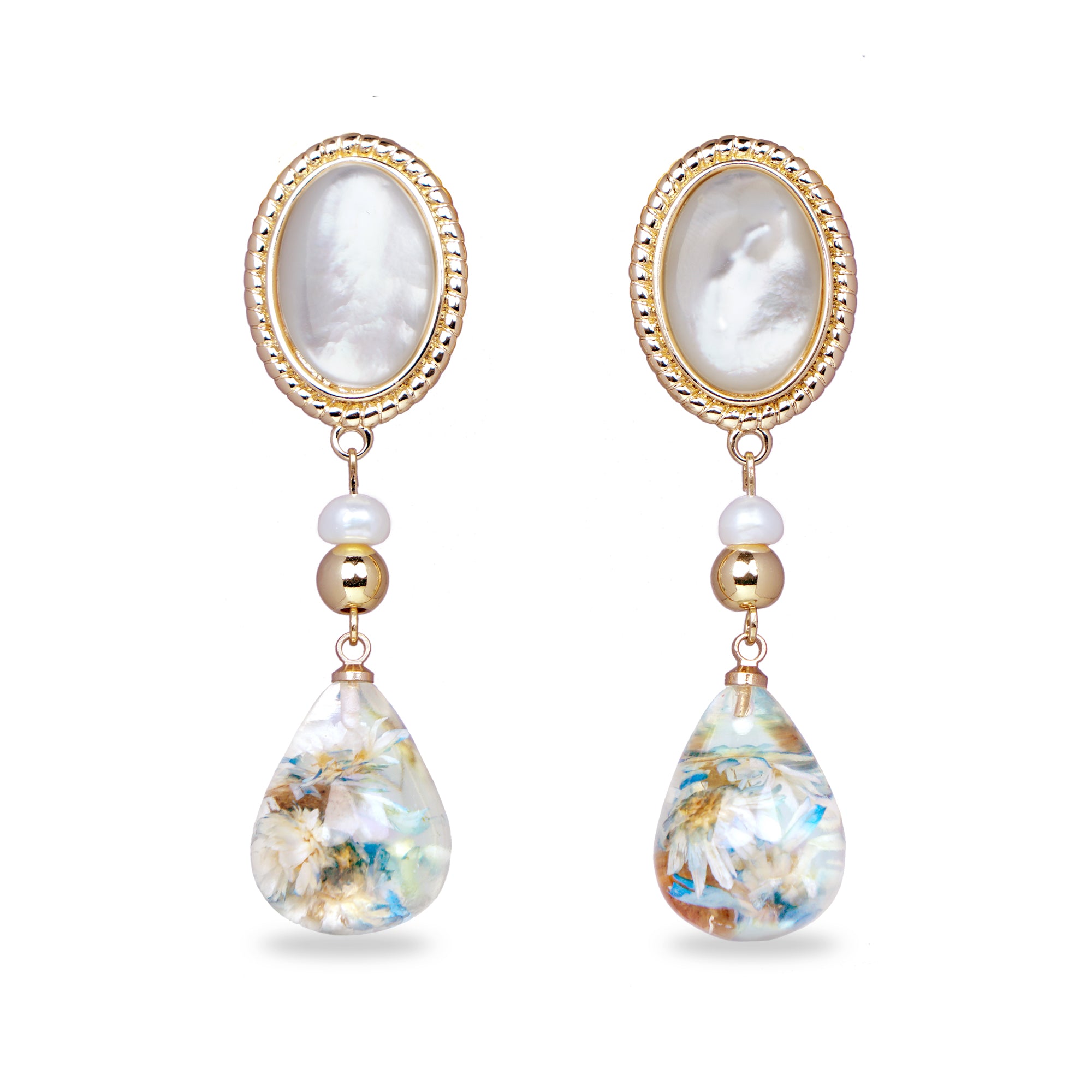 Oval Nacre Top Dried Flower Resin Teardrop Earrings(BL)