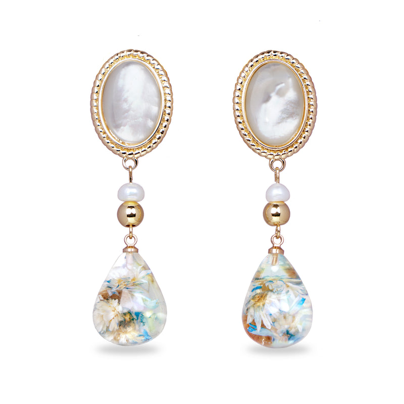 Oval Nacre Top Dried Flower Resin Teardrop Earrings(BL)