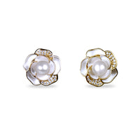 Gold Plated Pearl & Flower Stud Earrings