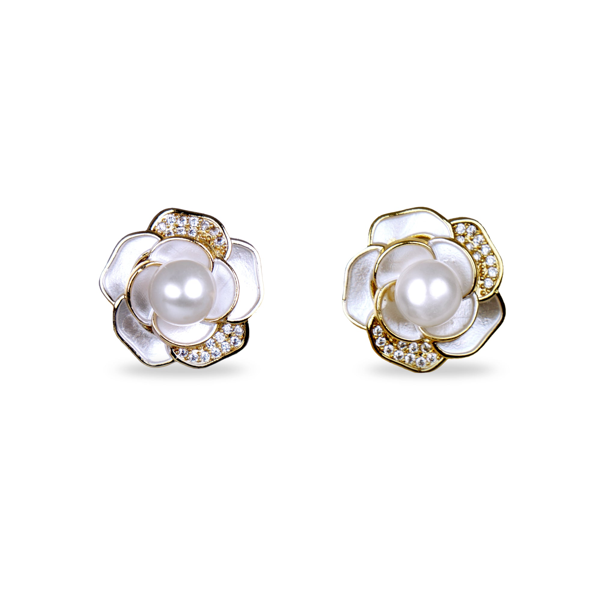 Gold Plated Pearl & Flower Stud Earrings