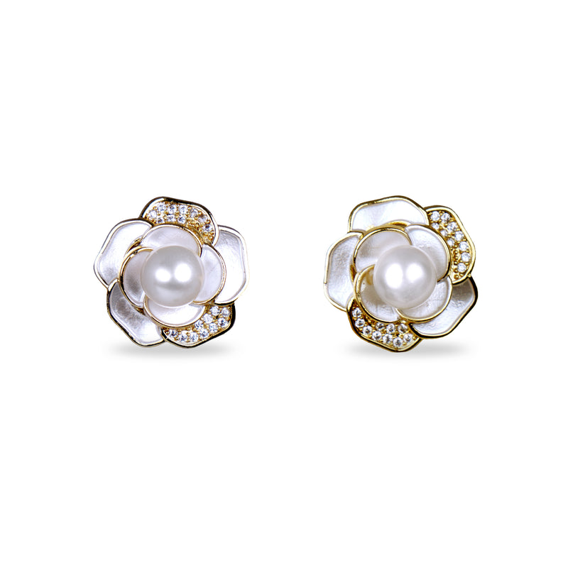 Gold Plated Pearl & Flower Stud Earrings