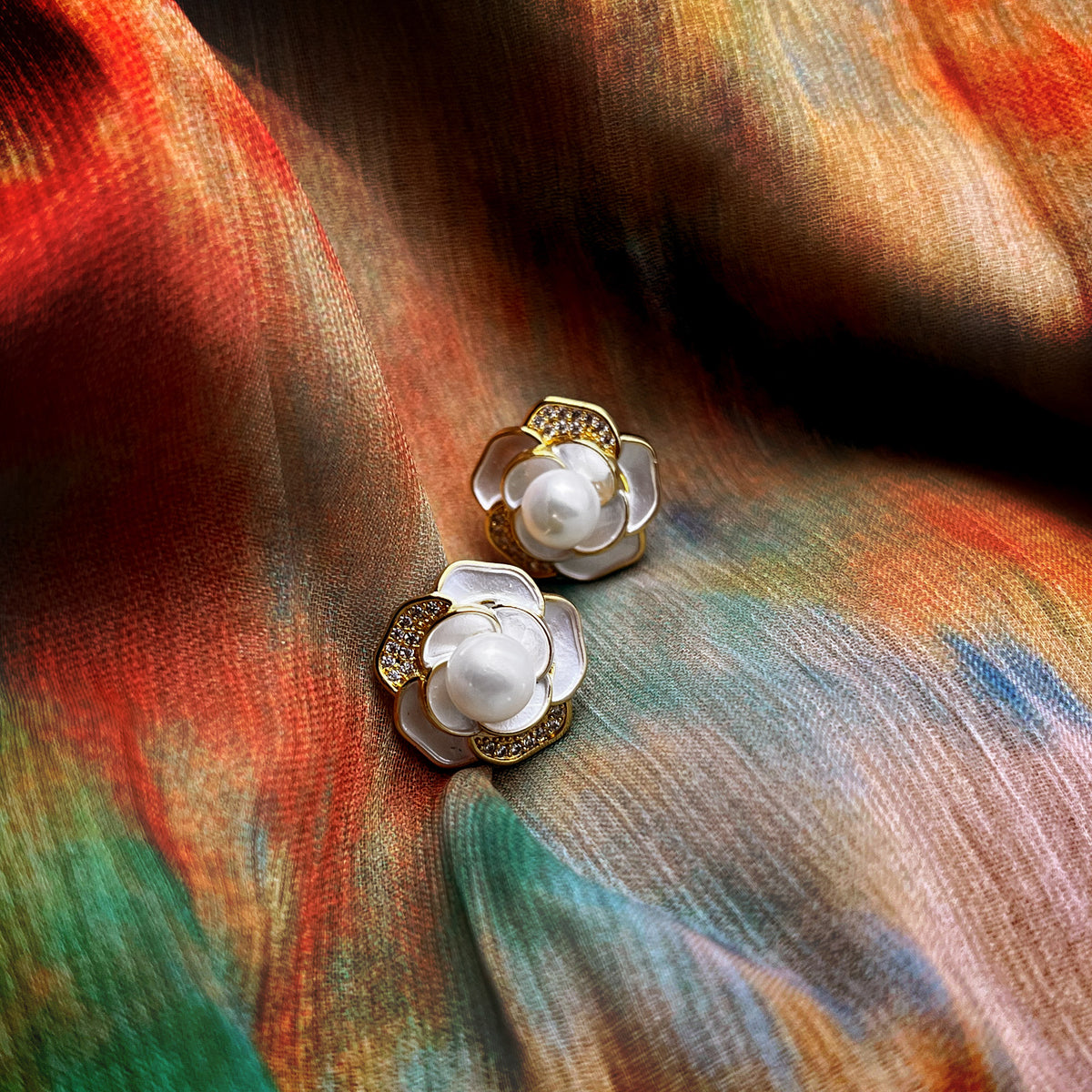 Gold Plated Pearl & Flower Stud Earrings