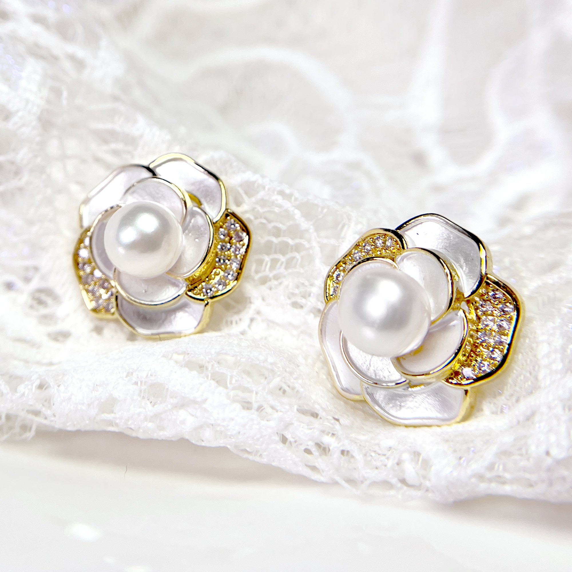 Gold Plated Pearl & Flower Stud Earrings