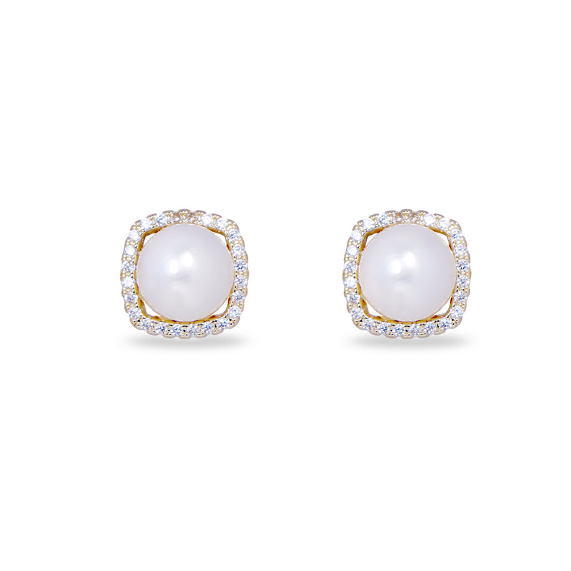 Gold Square Pearl Button Earrings
