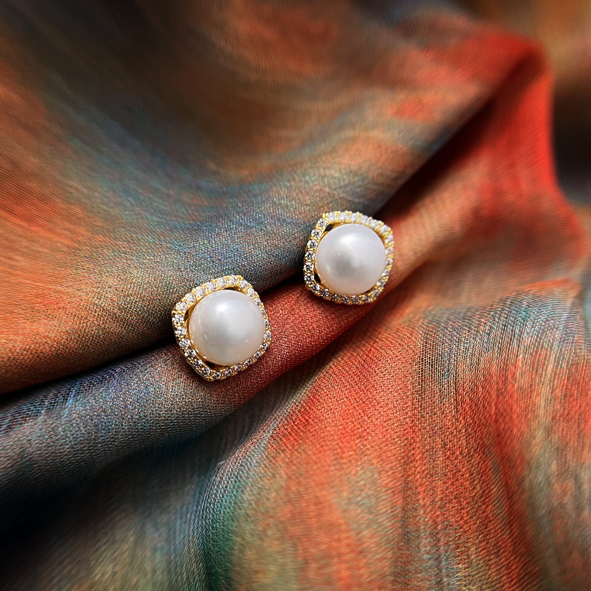 Gold Square Pearl Button Earrings