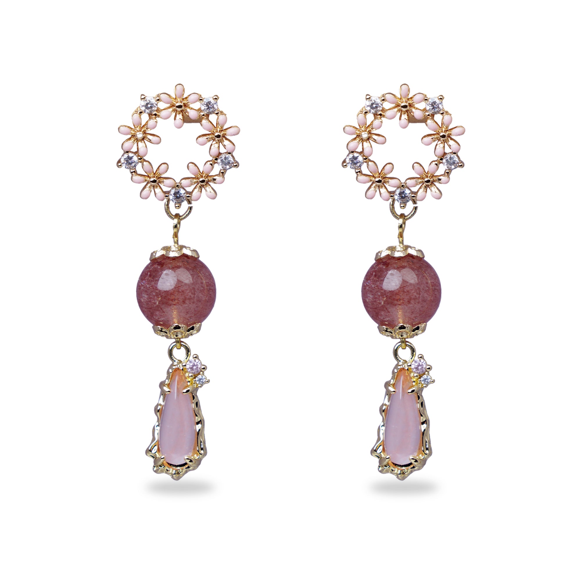 Hydrangea Bouquet & Rose Quartz Drop Earrings