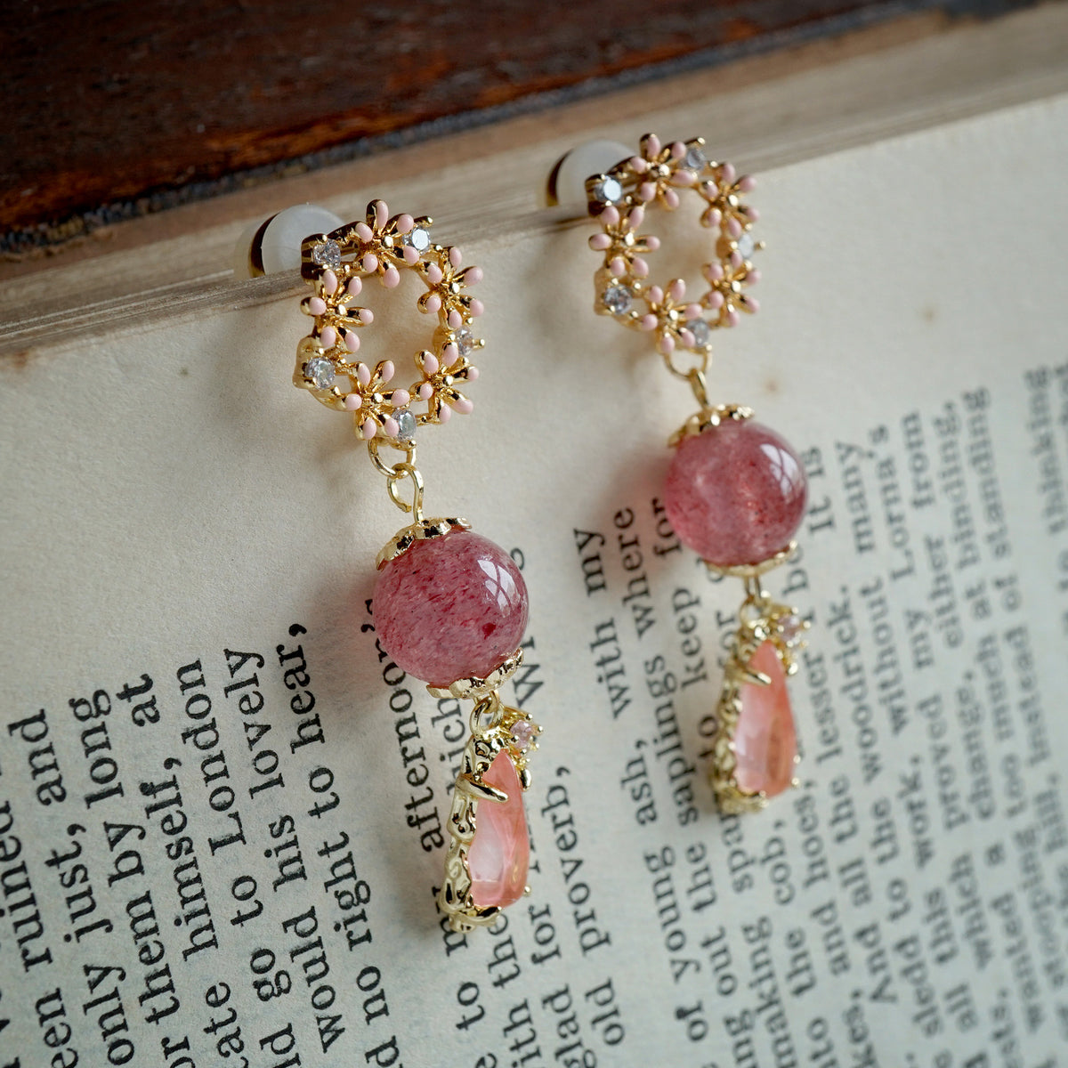 Hydrangea Bouquet & Rose Quartz Drop Earrings