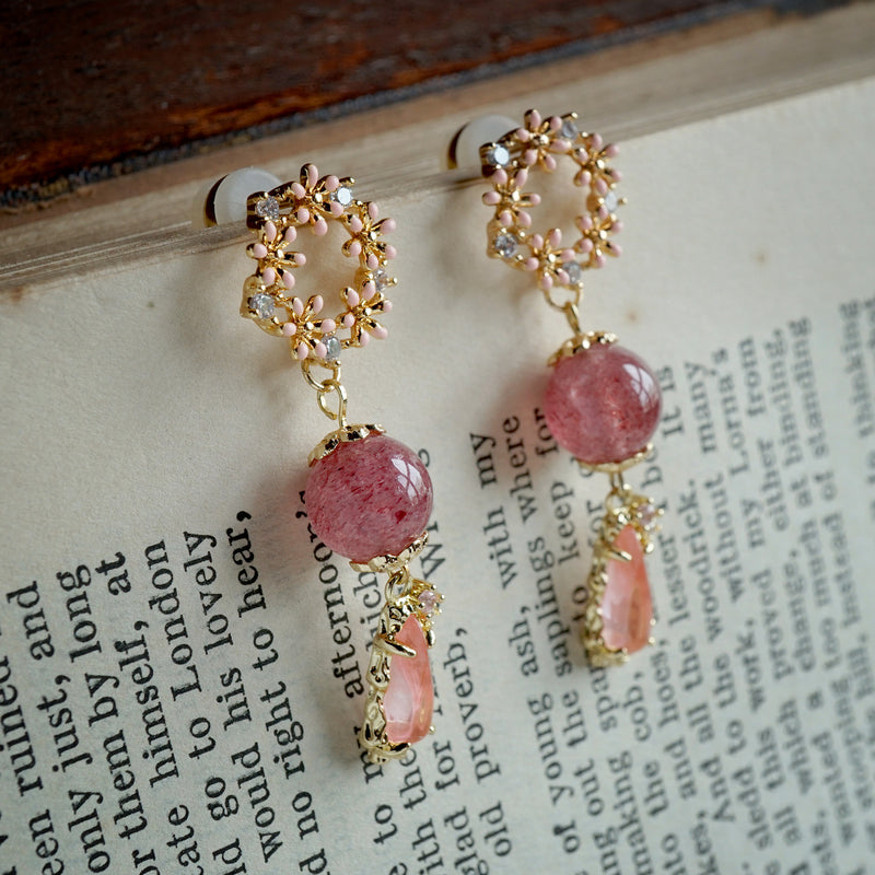 Hydrangea Bouquet & Rose Quartz Drop Earrings