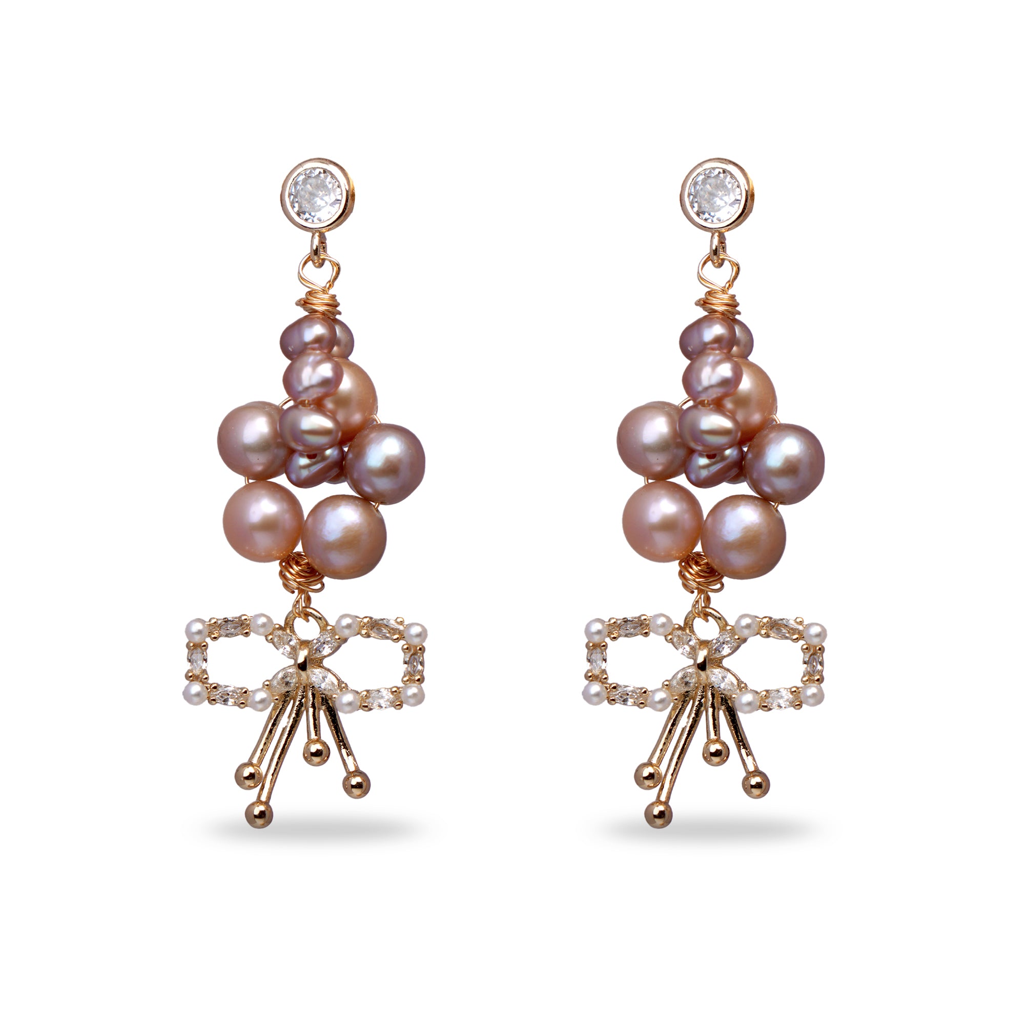 Bow Tie & Purple Pearl Cluster Drop Earrings