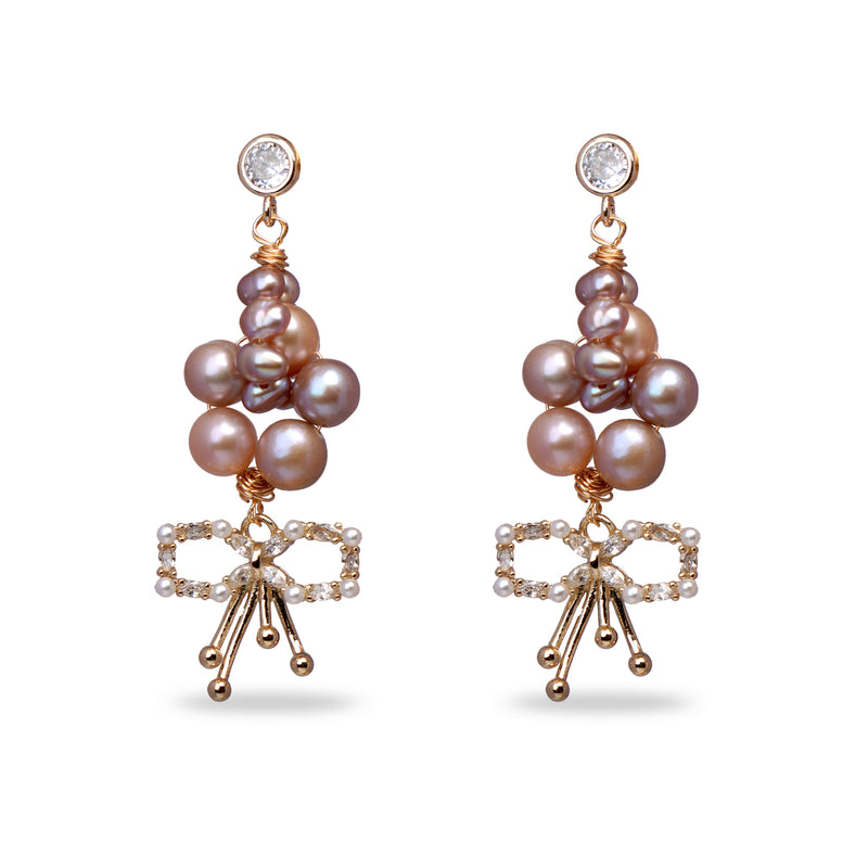 Bow Tie & Purple Pearl Cluster Drop Earrings