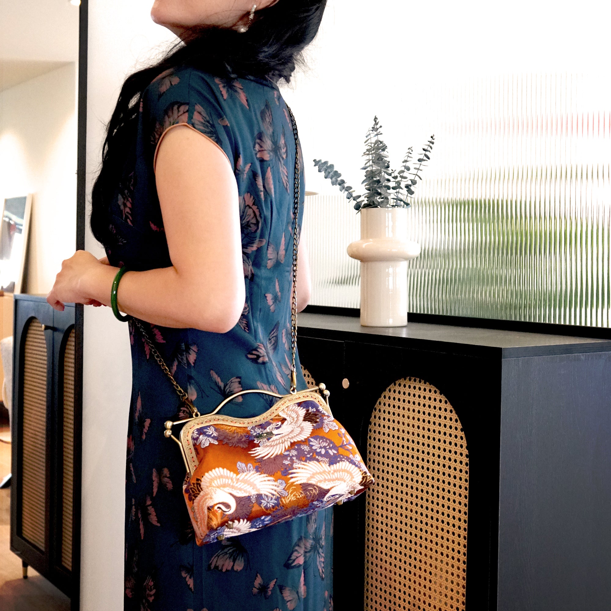 Dual Lock Metal Handle Bag - Golden Crane