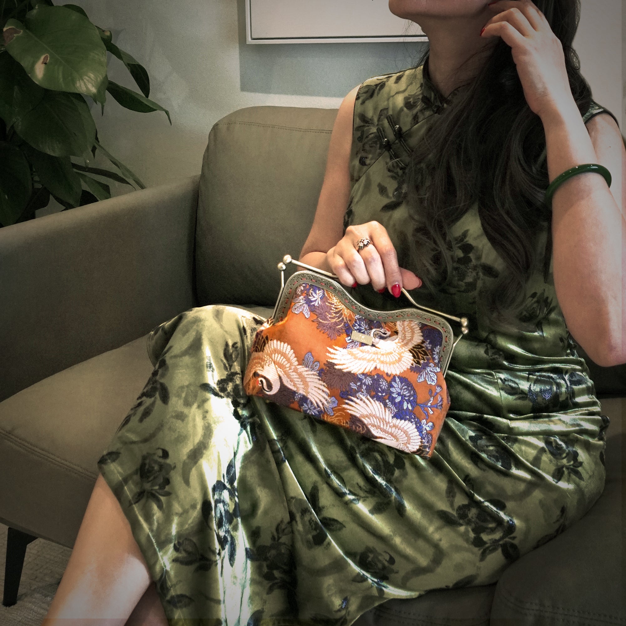 Dual Lock Metal Handle Bag - Golden Crane