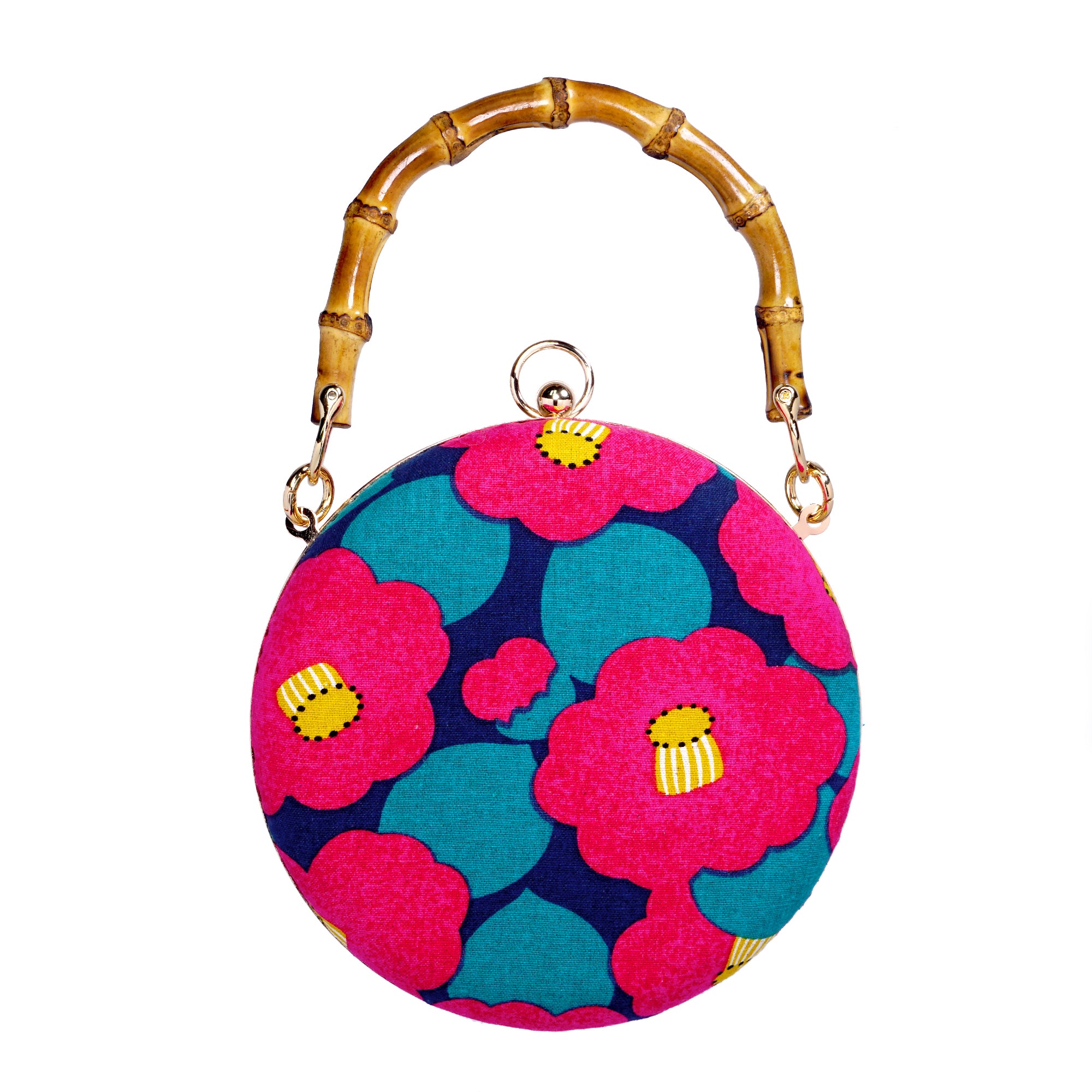 Round Hard Case Bamboo Handle Bag - Camellia Japonica