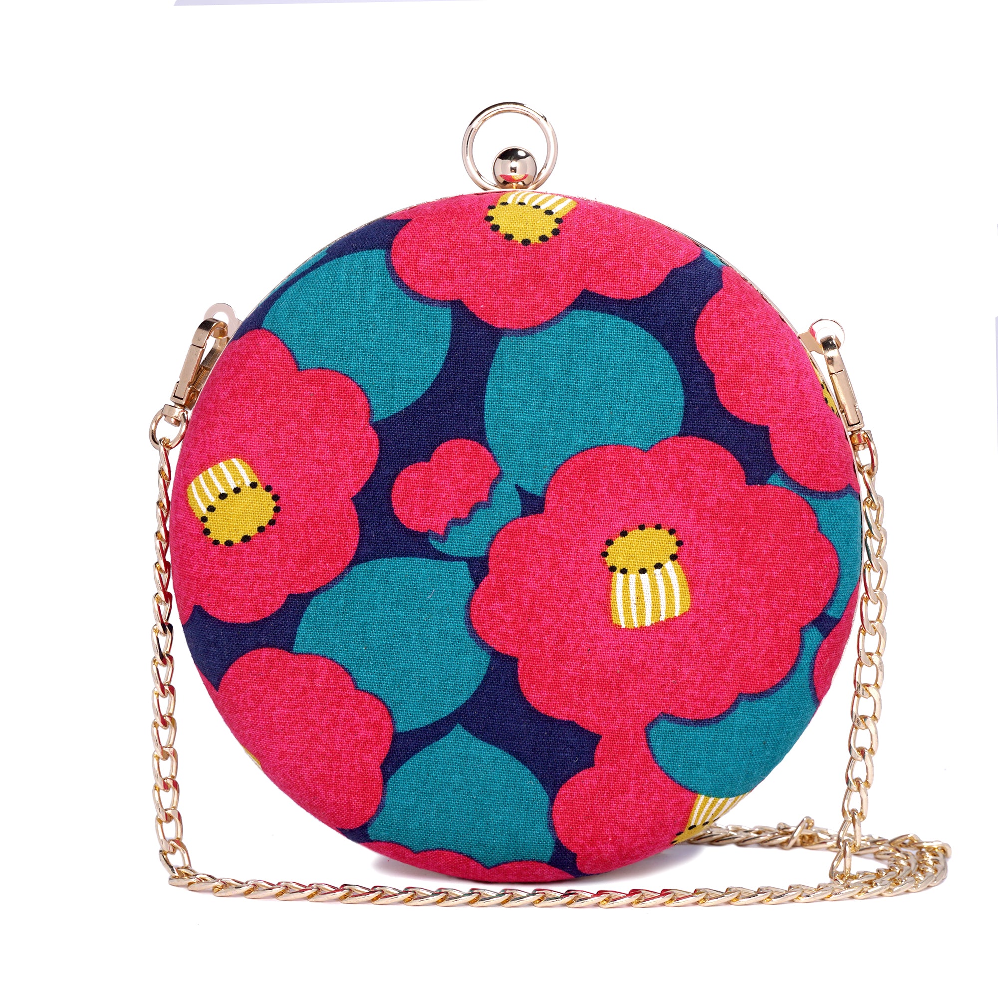 Round Hard Case Bamboo Handle Bag - Camellia Japonica