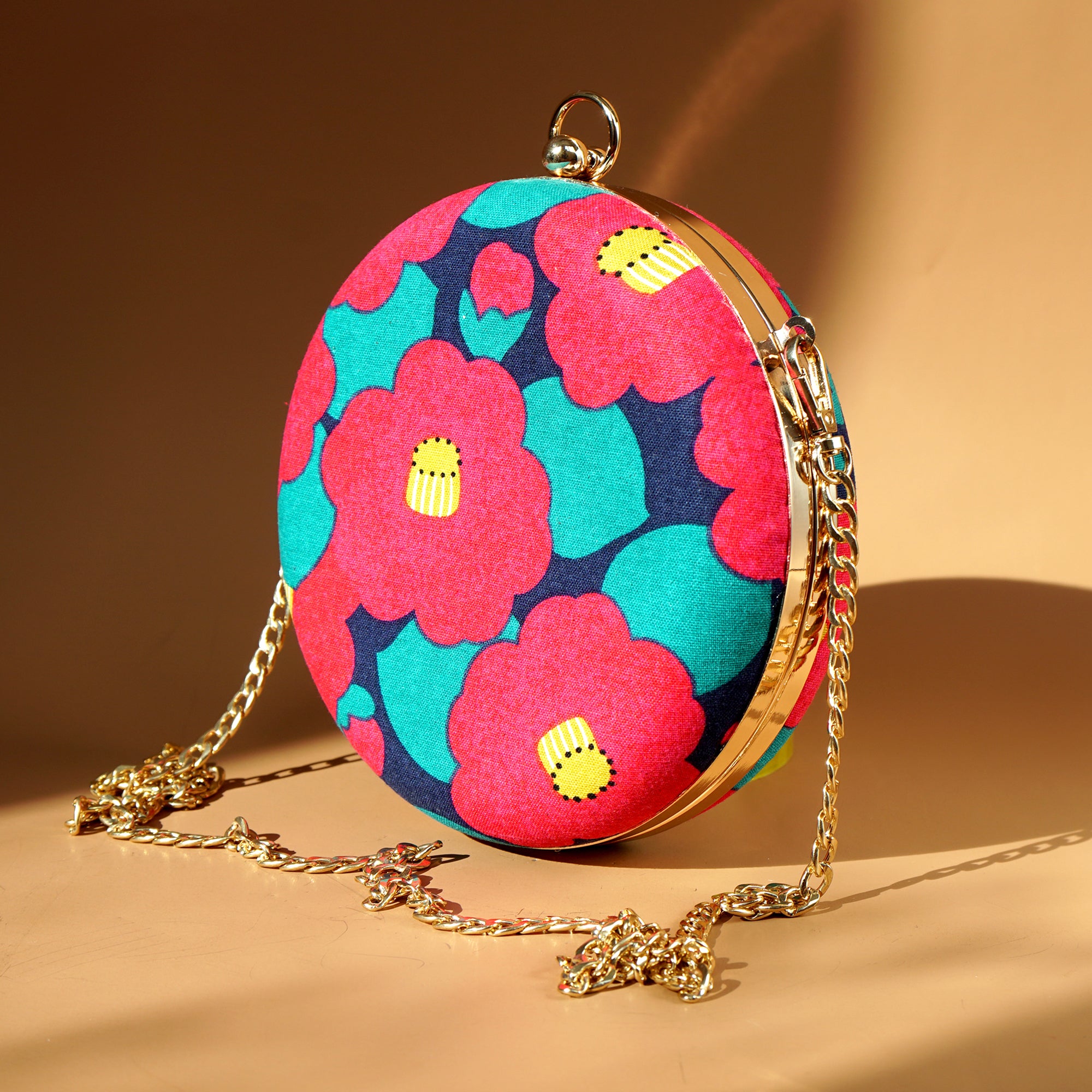 Round Hard Case Bamboo Handle Bag - Camellia Japonica