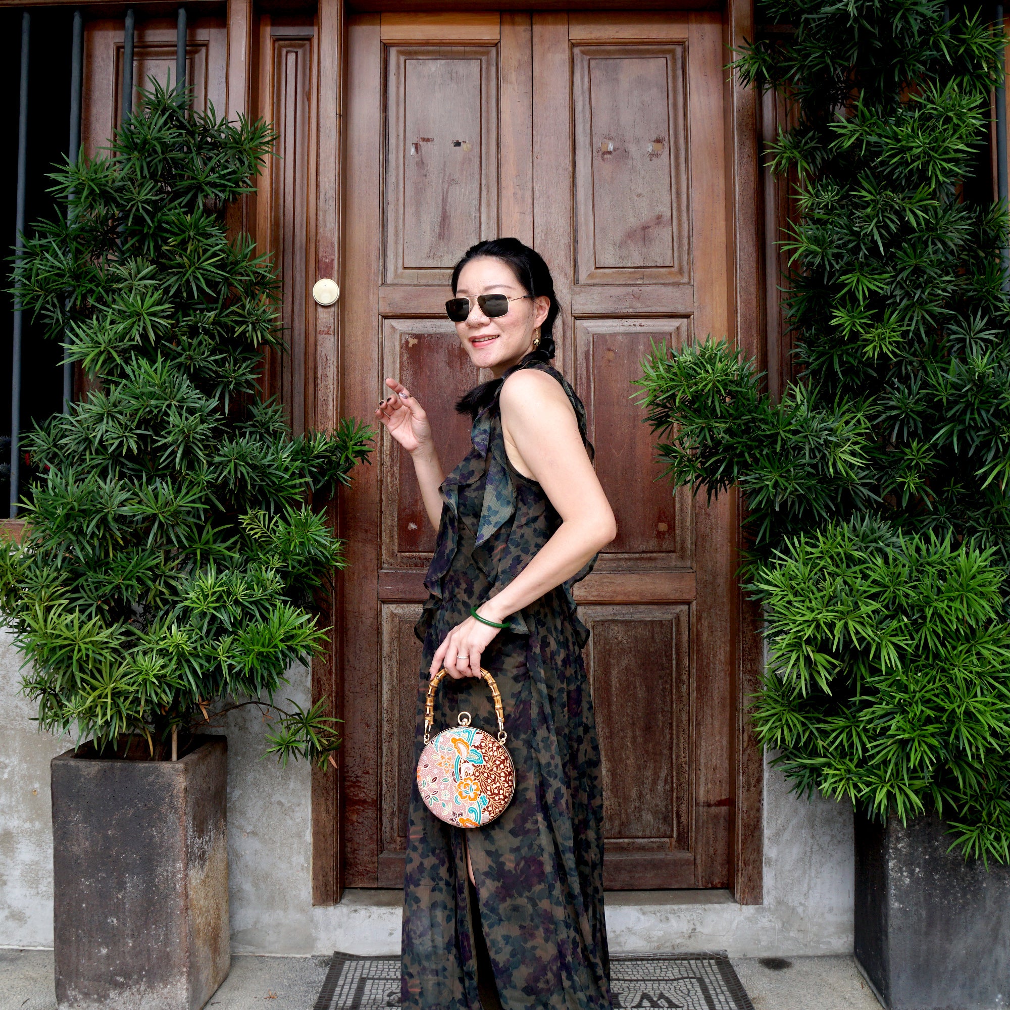 Round Hard Case Bamboo Handle Bag - Kawung