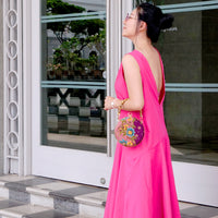 Round Hard Case Bamboo Handle Bag - Tropical Midnight