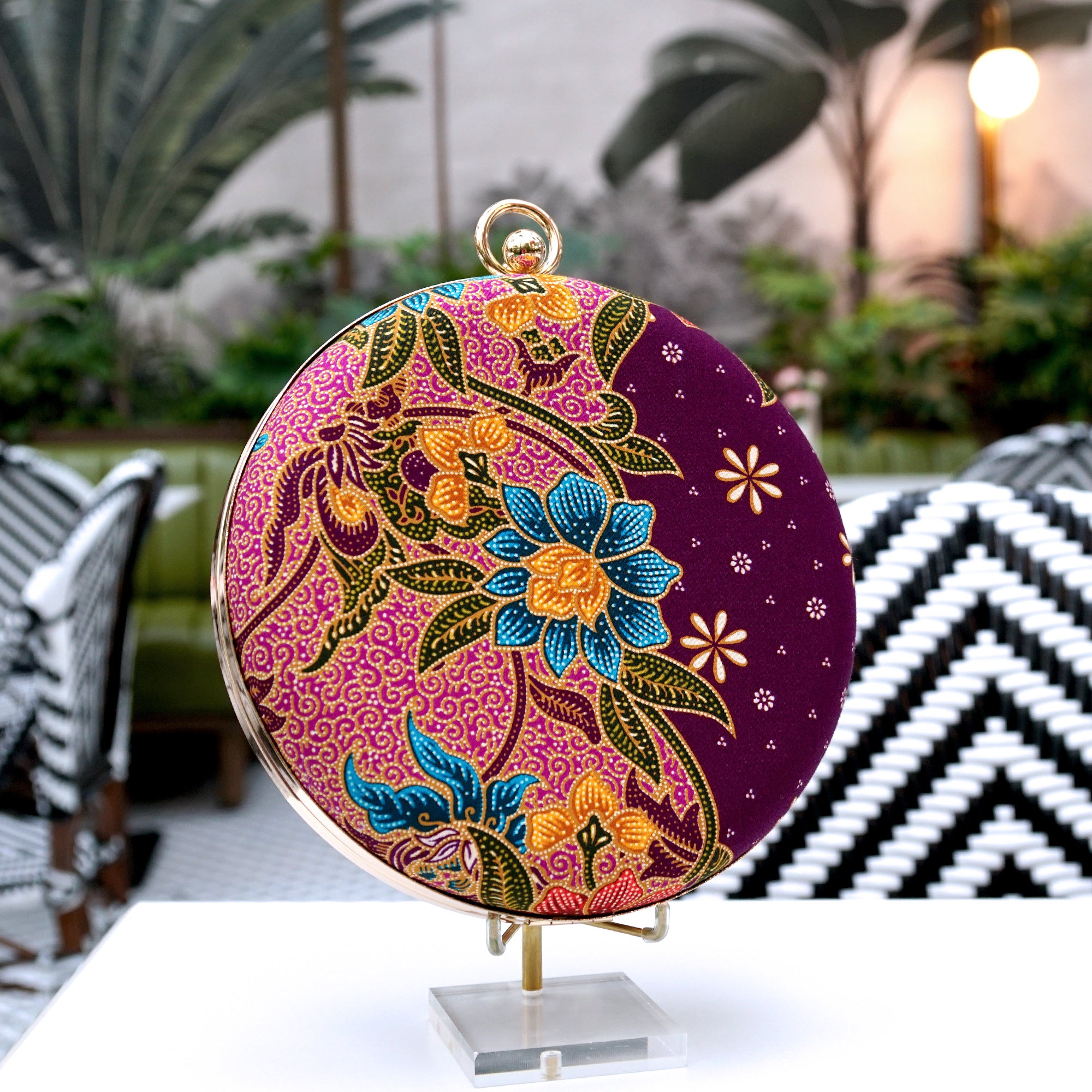 Round Hard Case Bamboo Handle Bag - Tropical Midnight