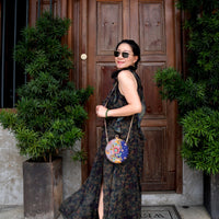 Round Hard Case Bamboo Handle Bag - Tropical Midnight