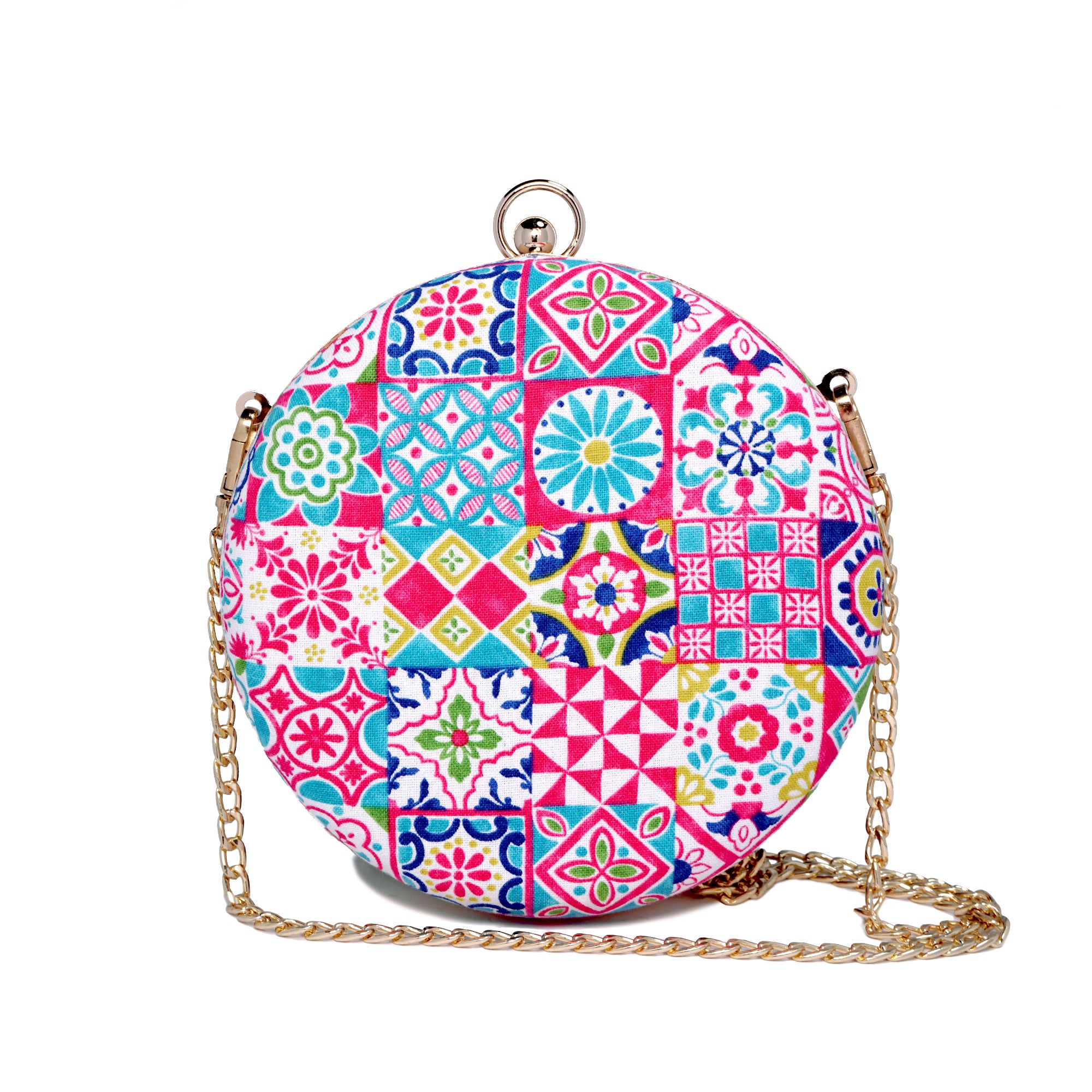 Round Hard Case Bamboo Handle Bag - Peranakan Tiles