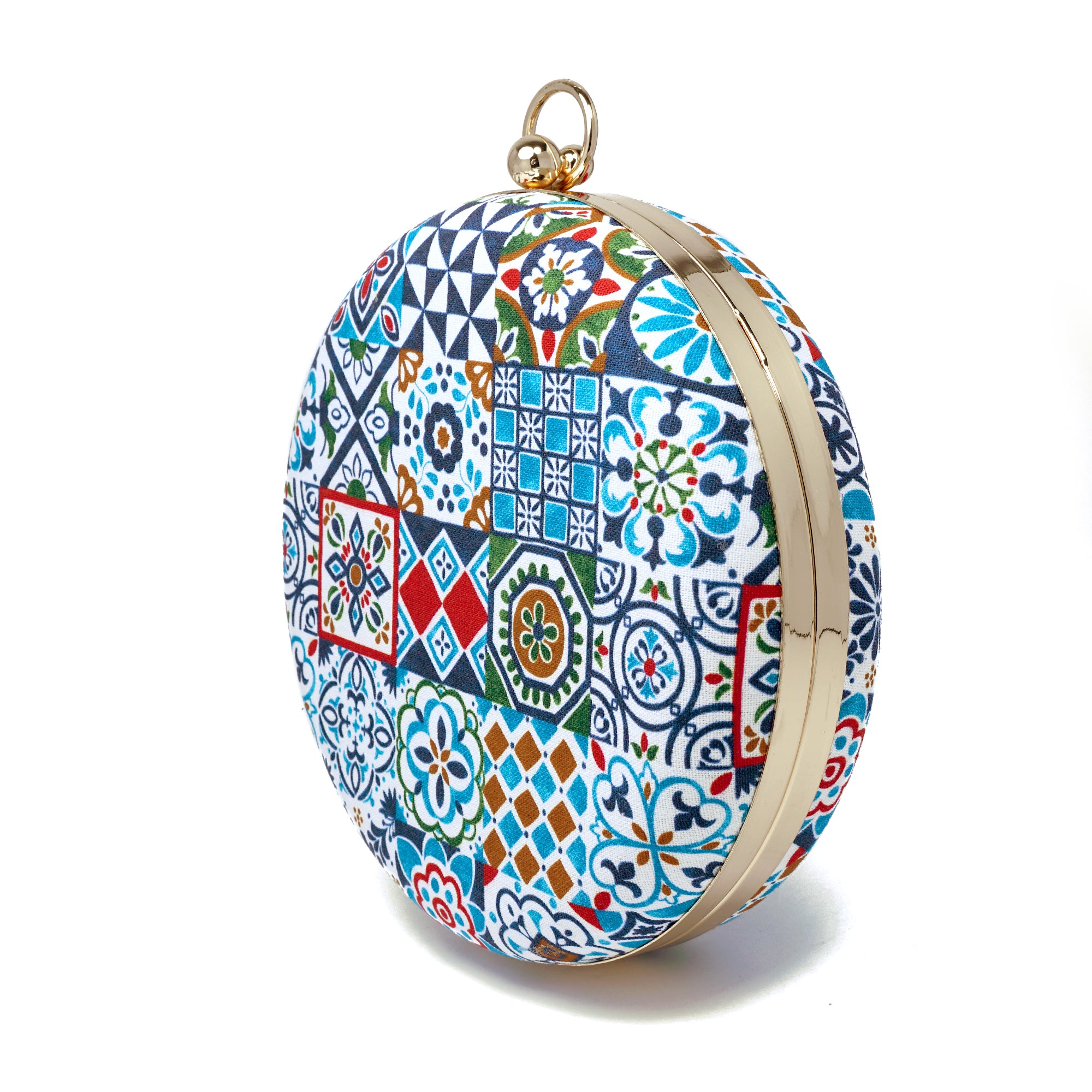 Round Hard Case Bamboo Handle Bag - Peranakan Tiles