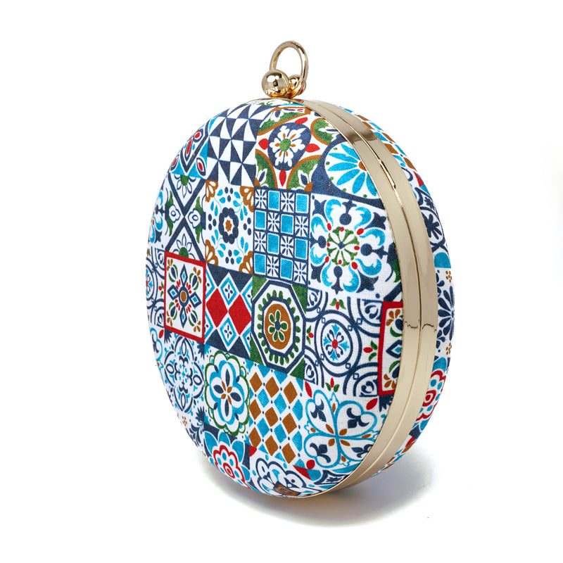 Round Hard Case Bamboo Handle Bag - Peranakan Tiles