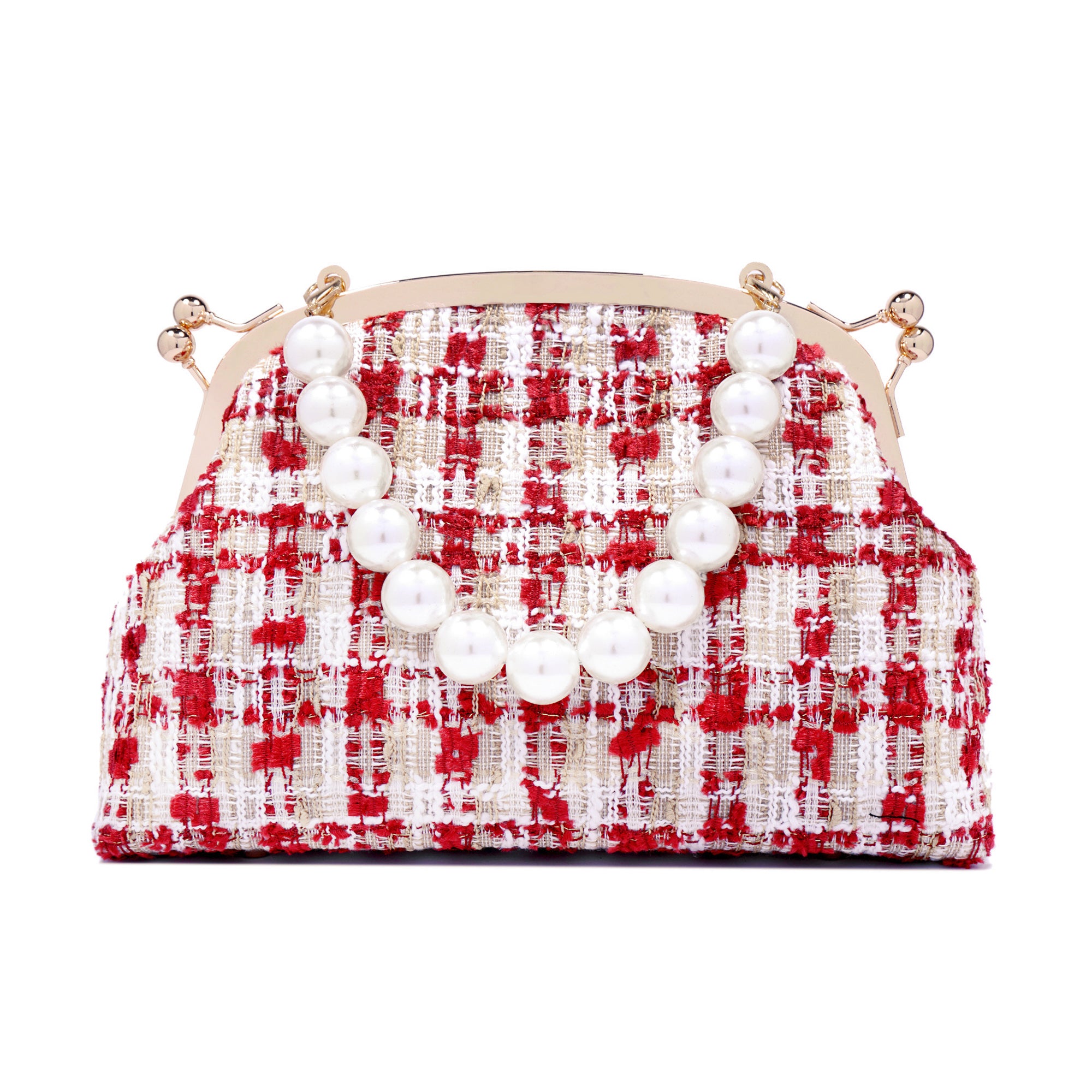 Pearl Chain Tweed Clasp Bag