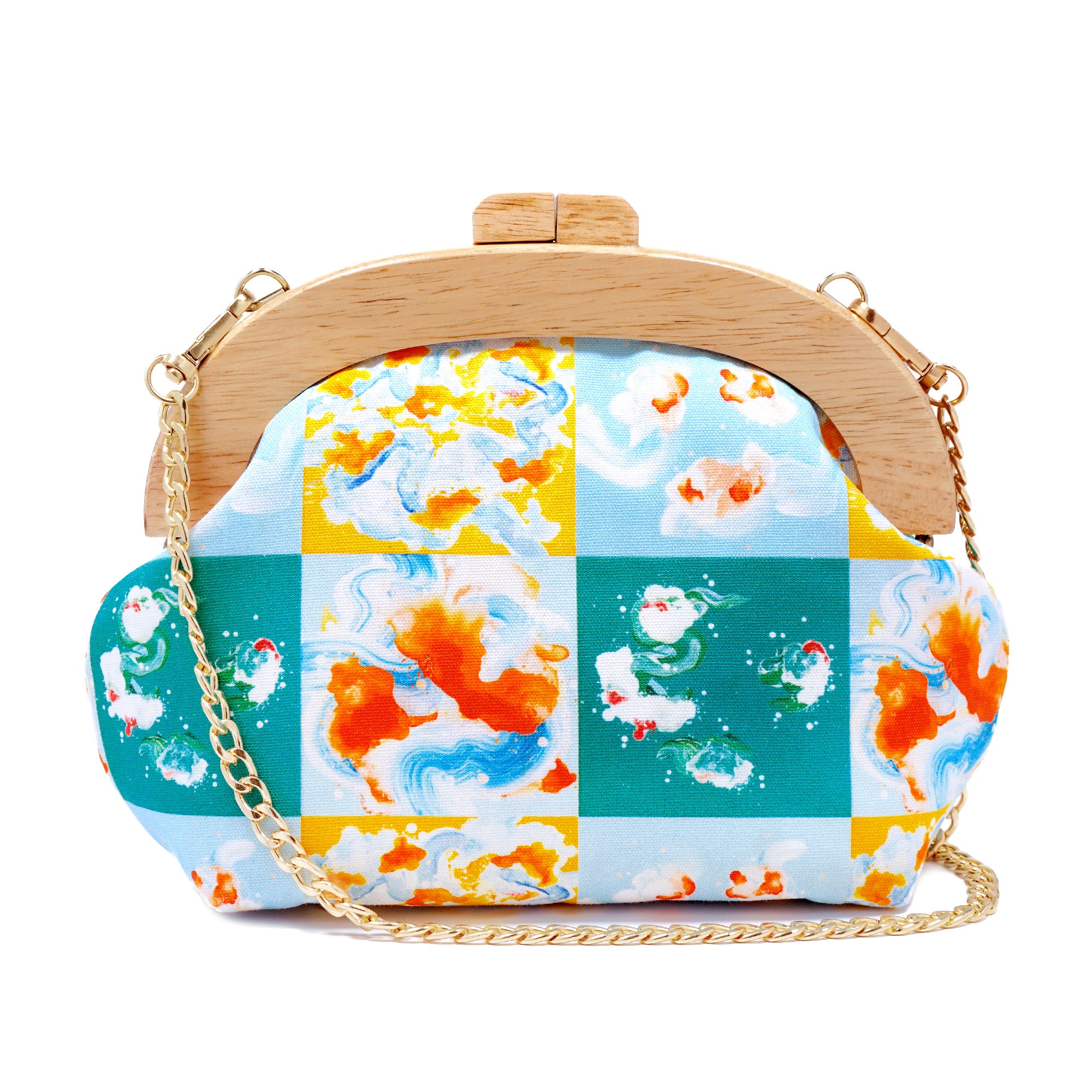 Round Crossbody Bag With Wooden Frame - Rain Tiles