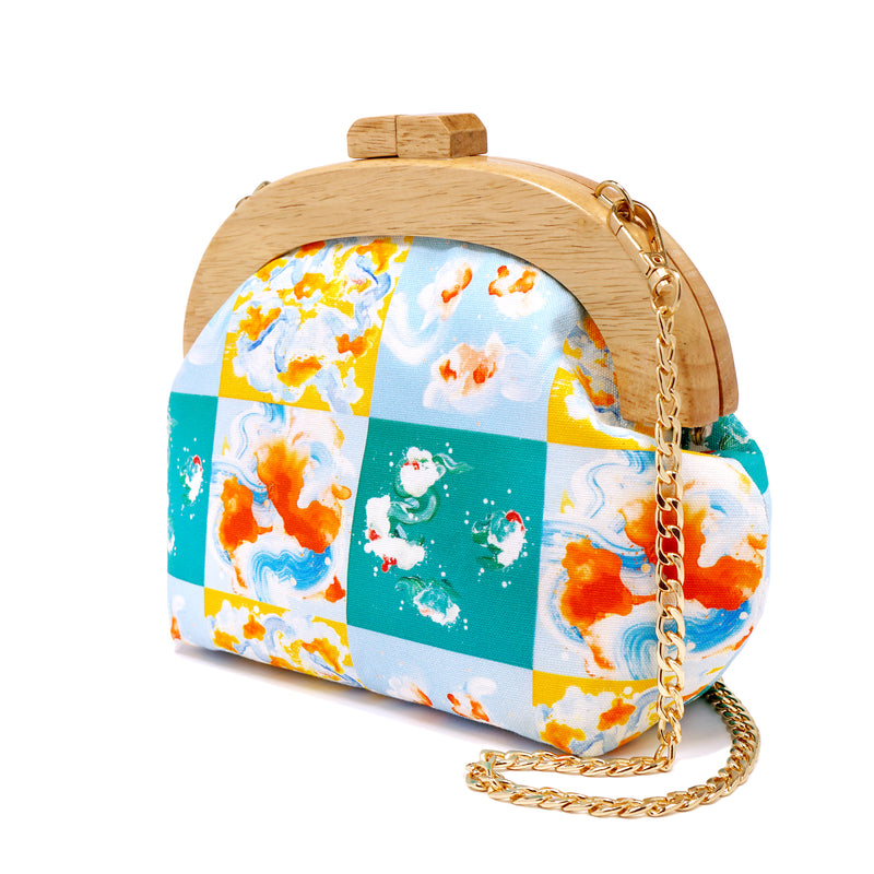 Round Crossbody Bag With Wooden Frame - Rain Tiles