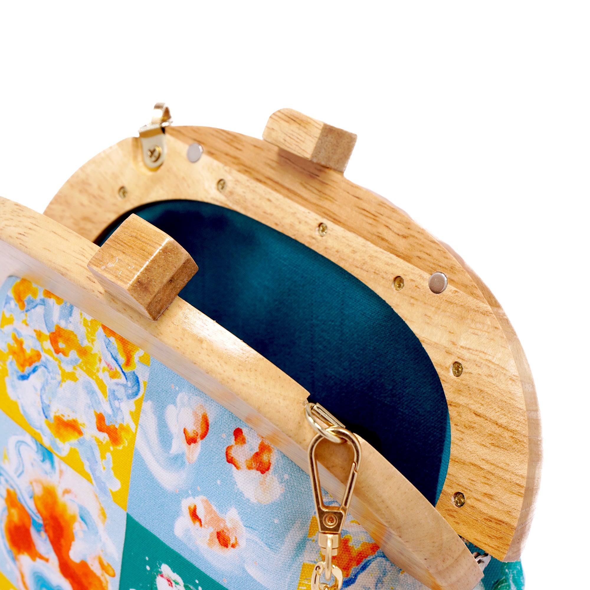 Round Crossbody Bag With Wooden Frame - Rain Tiles